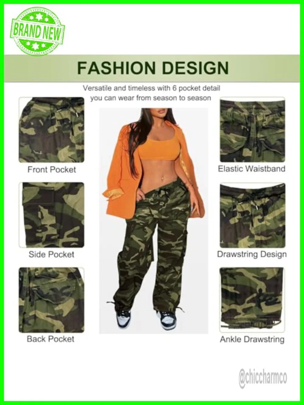 Camo Cargo Pants, Drawstring Elastic Waist, Baggy Wide Leg, 6 Pockets, Hiking - Picture 5 of 7